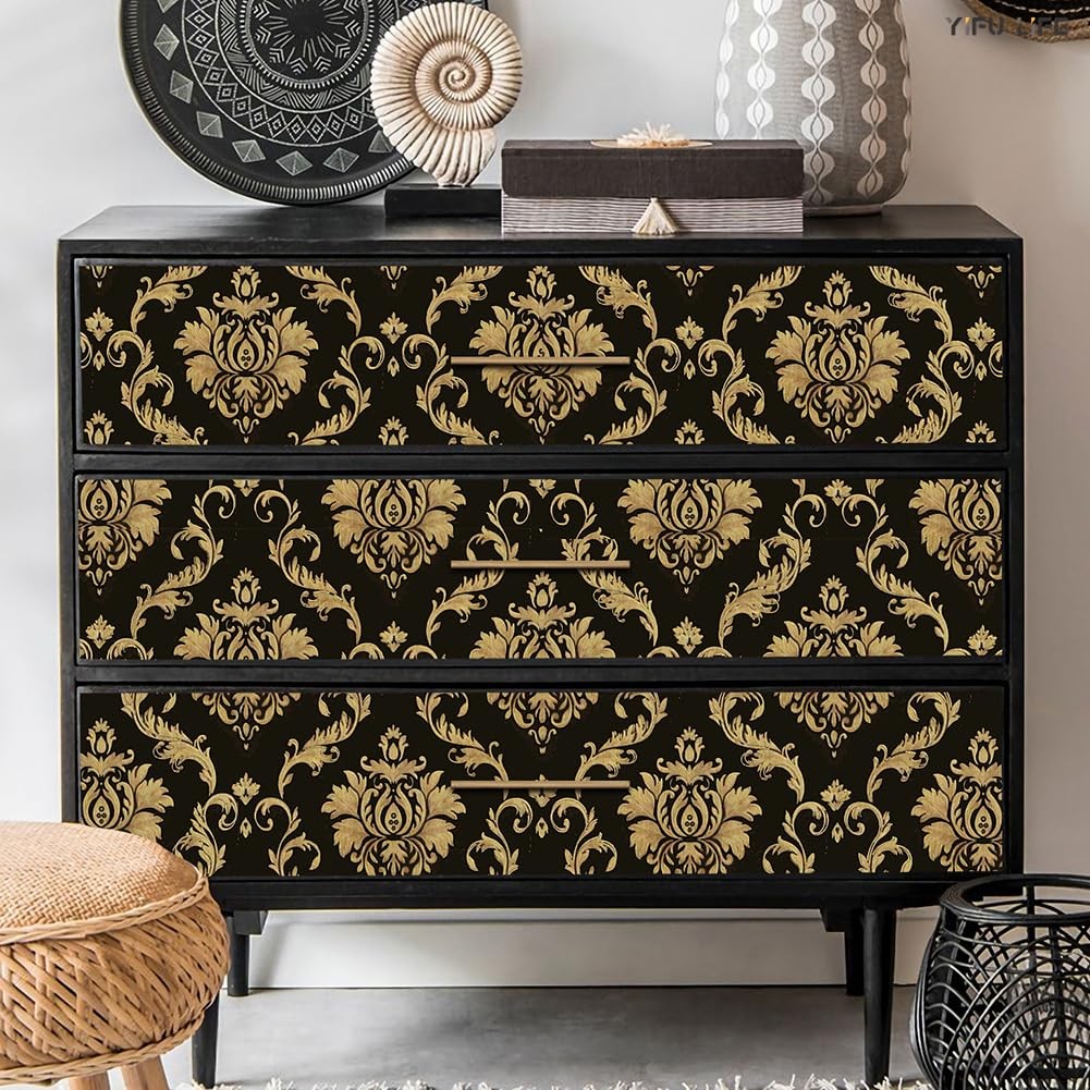 Peel and Stick Damask Wallpaper 17.7"×32.8ft Brown/Black Decorative Wall Cove…