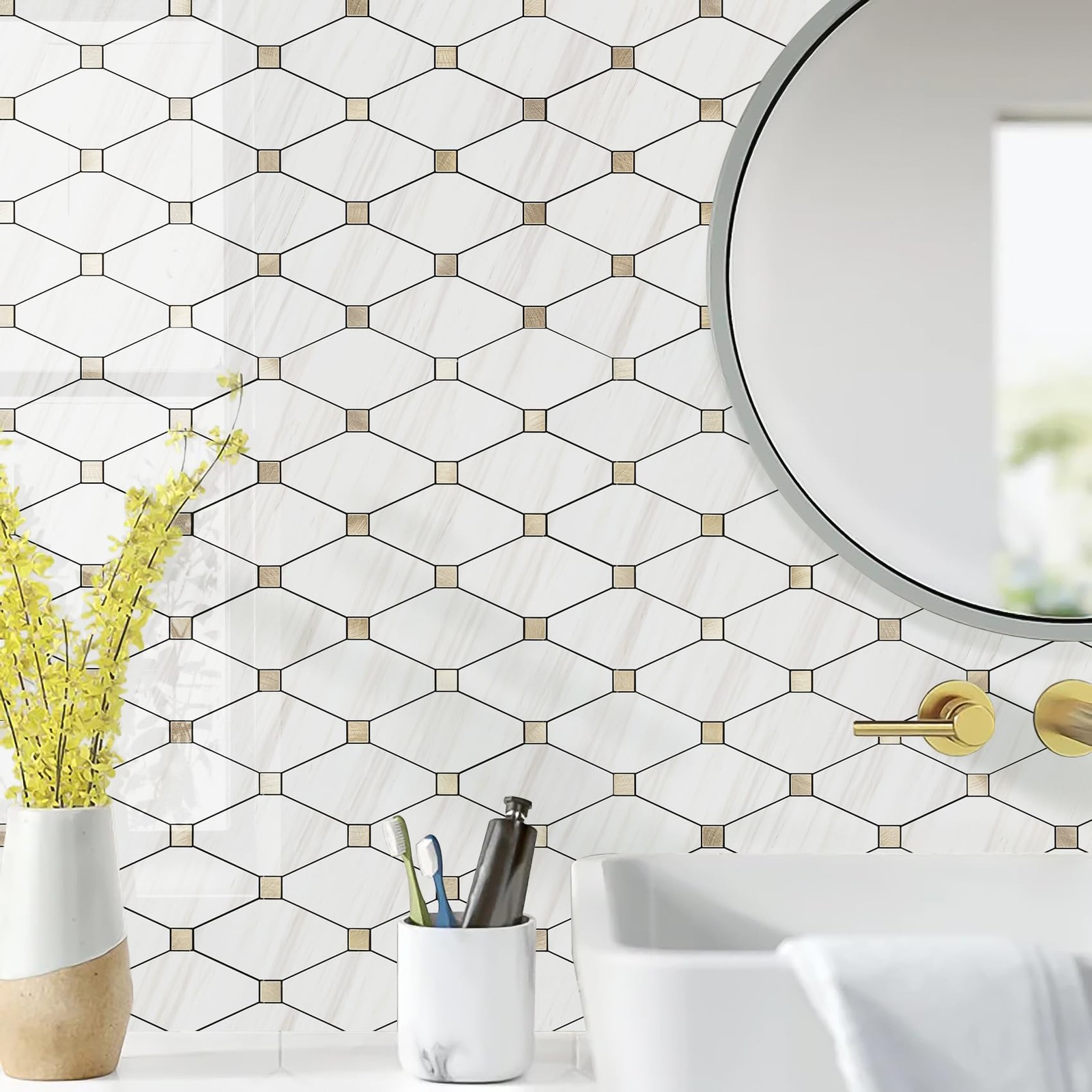 Polished Dolomite PVC Mixed Metal Gold Backsplash Stick On Wall Tiles 10 Sheets