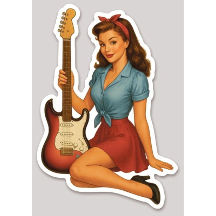 6 Inch Vintage Retro Pinup Girl In Skirt With Guitar Vinyl Sticker