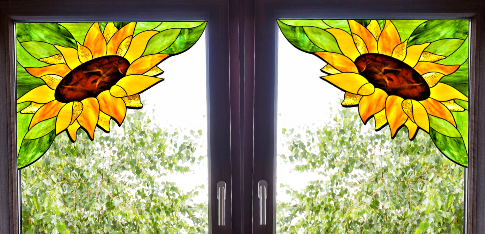 2 Sunflower Corners ~ Faux Stained-Glass WINDOW CLINGS Size 10.4" Left & Right