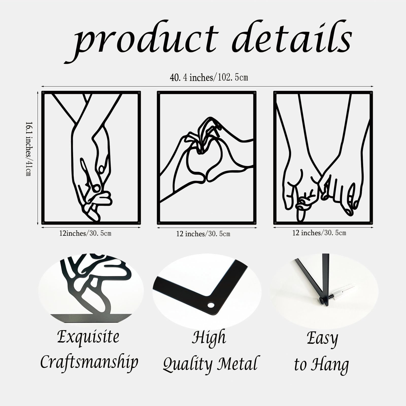 EDCIJB 3 Pcs Minimalist Heart Hands Black Metal Wall Decor Single Line Wall A…