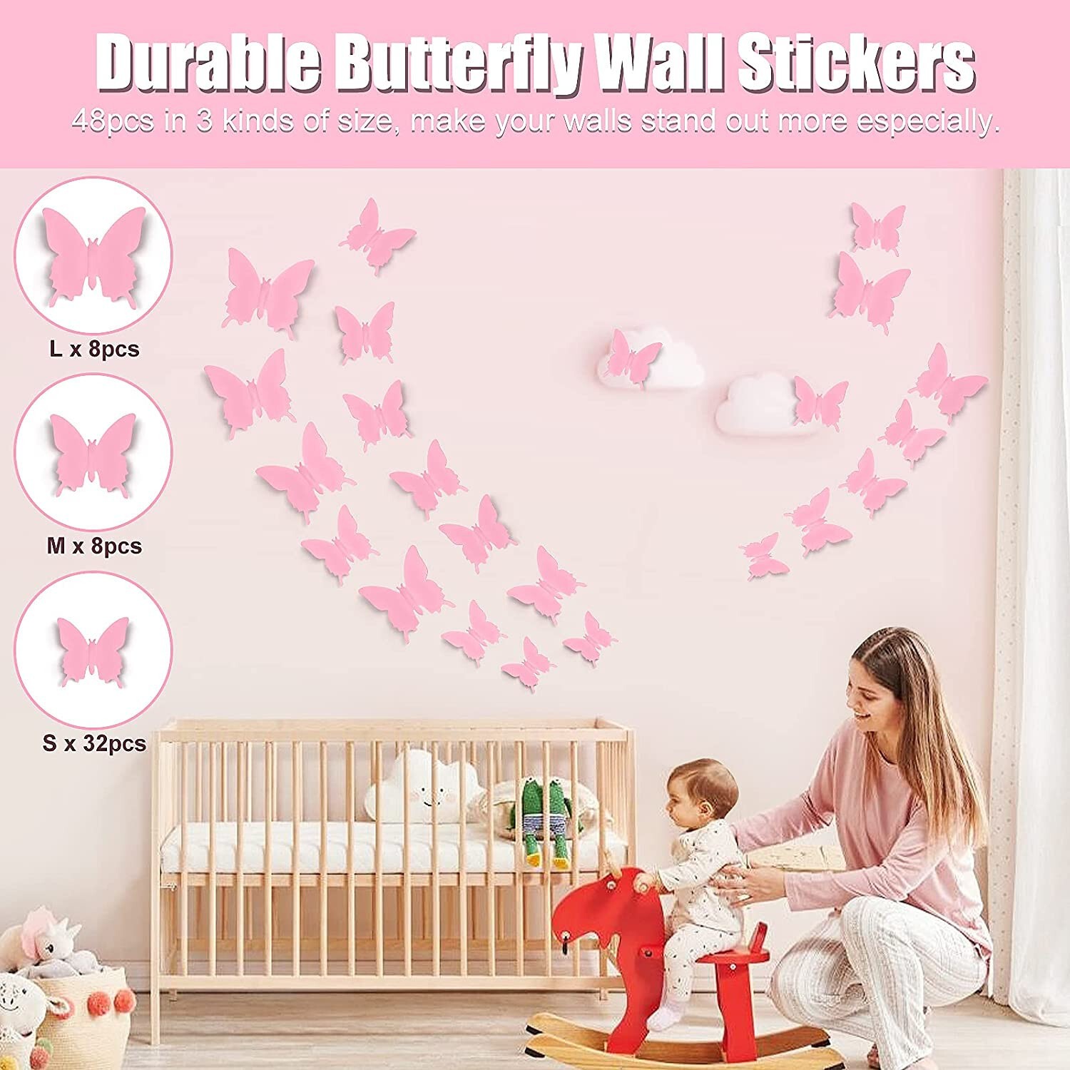 48pcs 3D Butterfly Wall Decor Pink Polished Butterflies Wall Stickers 3 Sizes