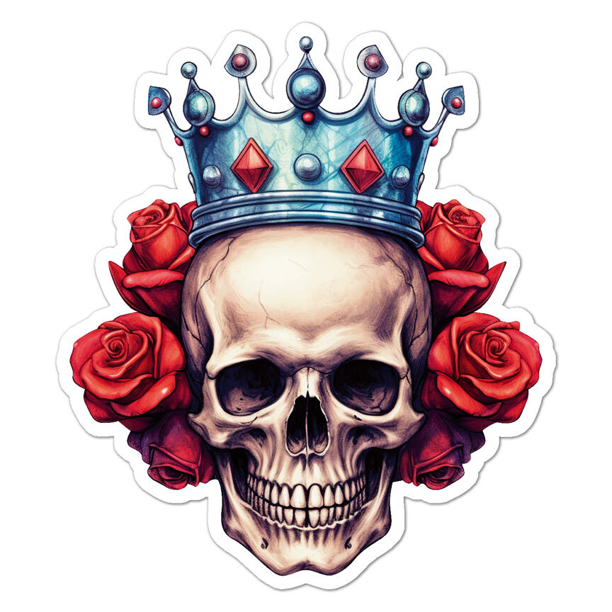 Skull Crown Roses, Vinyl Decal Sticker, Indoor Outdoor, 3 Sizes, #9468