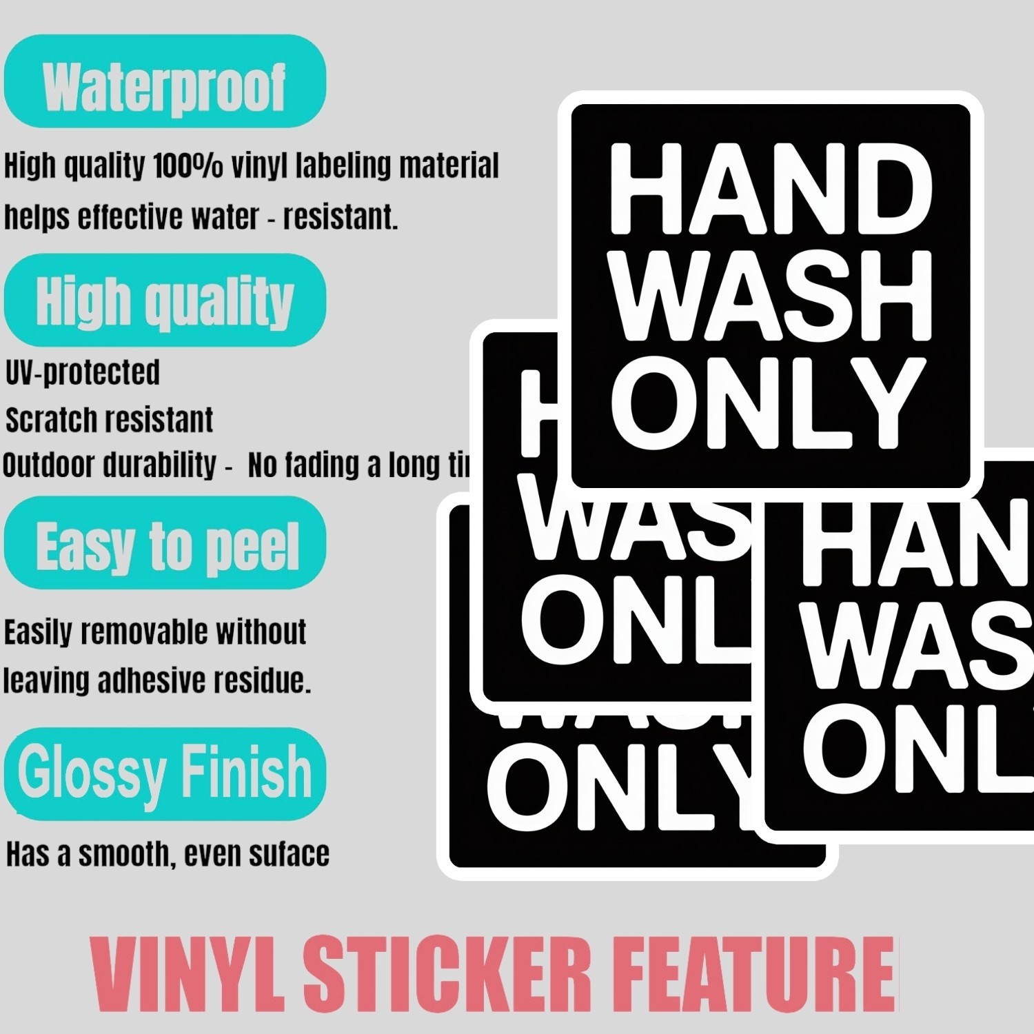 Hand Wash Only Stickers: Waterproof Hygiene Reminder Decals – 4 Piece