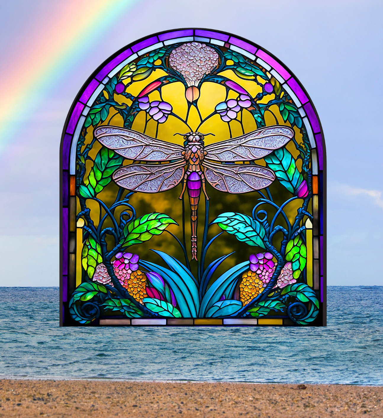Dragonfly Faux Stained-Glass WINDOW CLING Size 9" Arch Shaped Vinyl