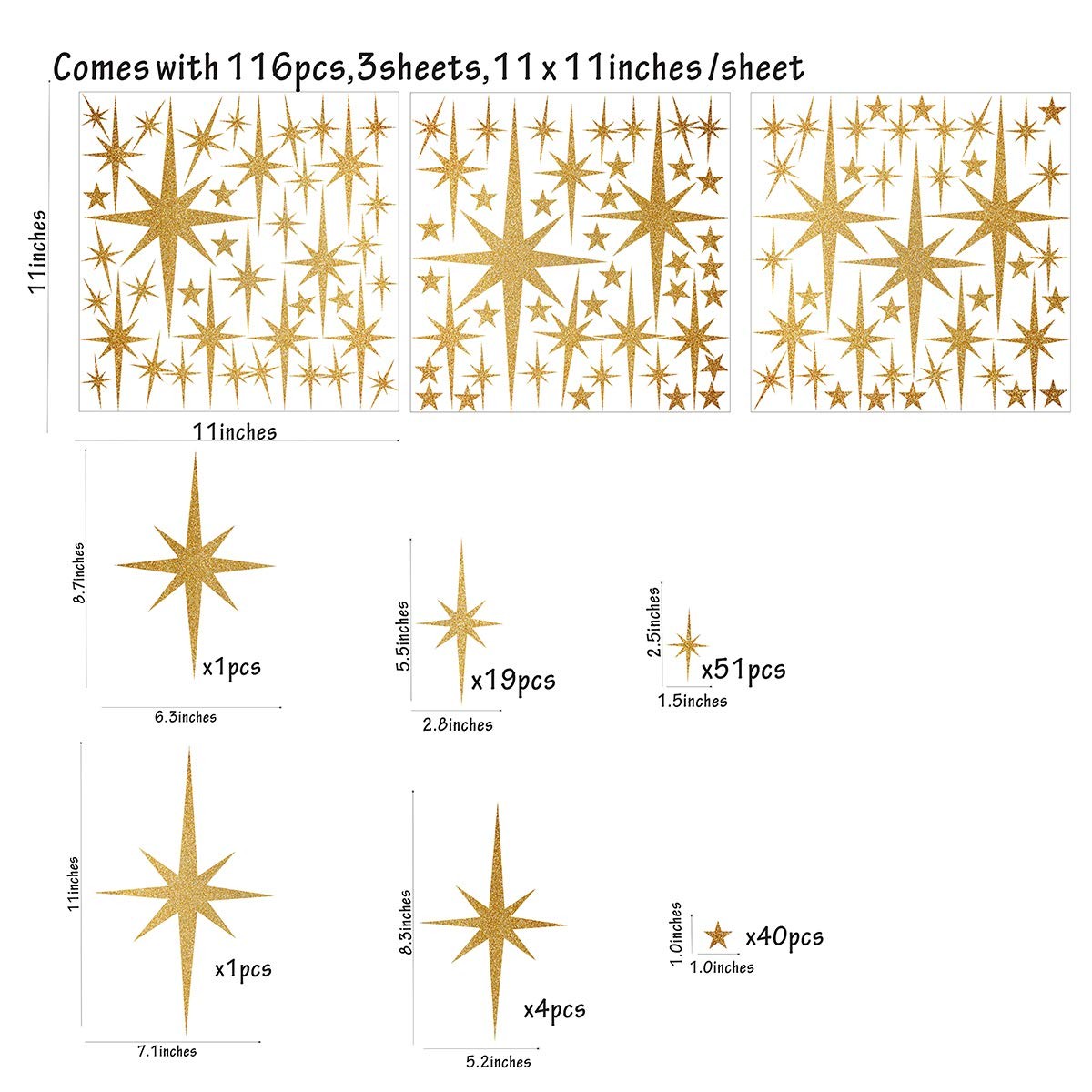Star Wall Stickers Girls Room Wall Decals (116pcs) Sparkle Wall Sticker Stick…