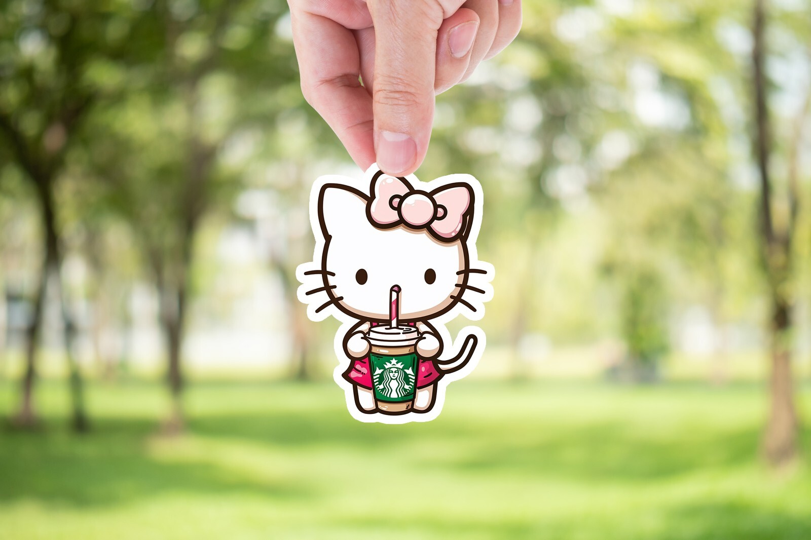 Kitty with Starbucks Sticker, Cute, Waterproof, Laptop, Water Bottle, Die Cut