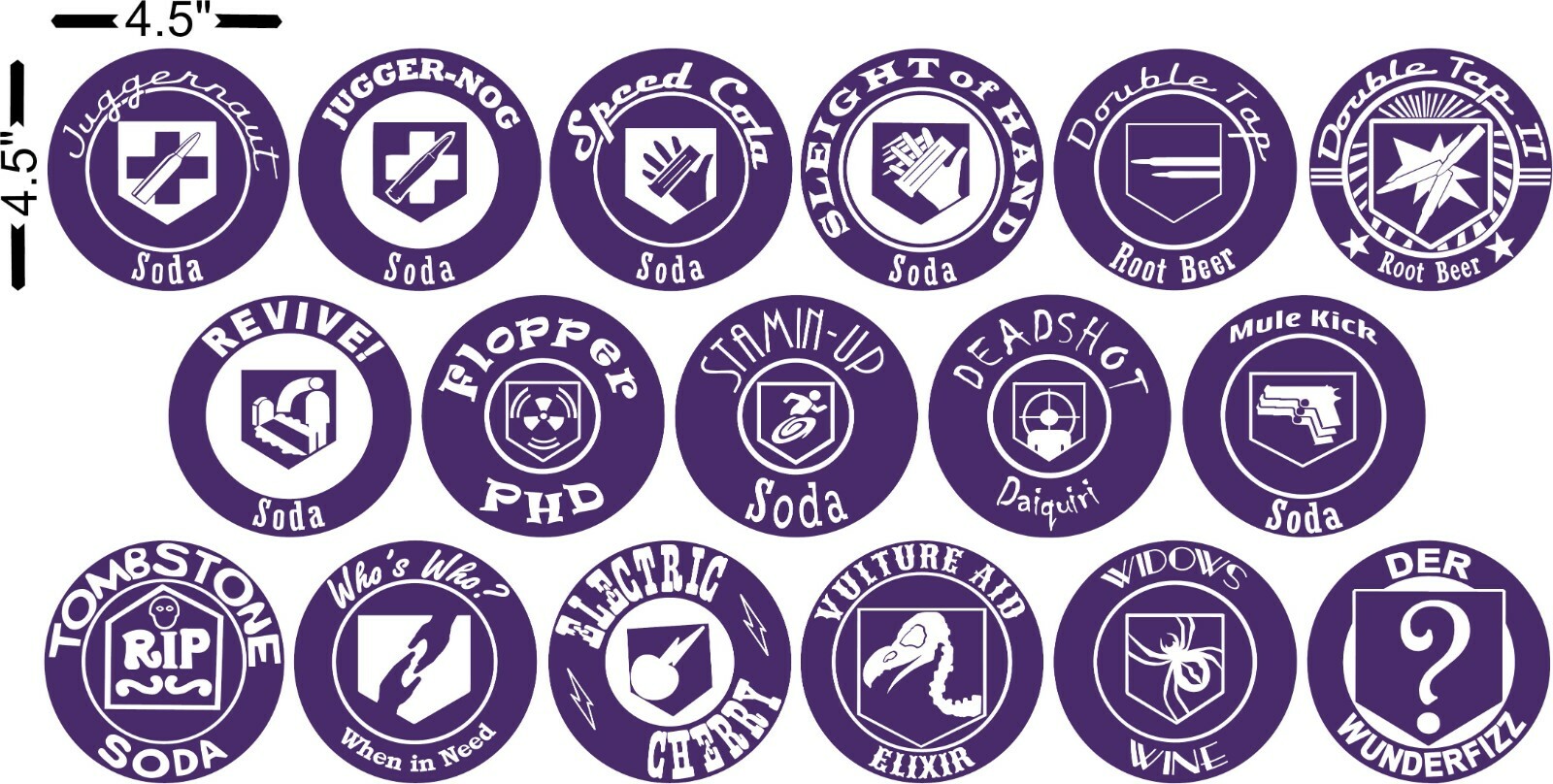 Full Set of 17 Zombie Perk Logo Stickers for Indoor – 4.5 inch Gaming Decals