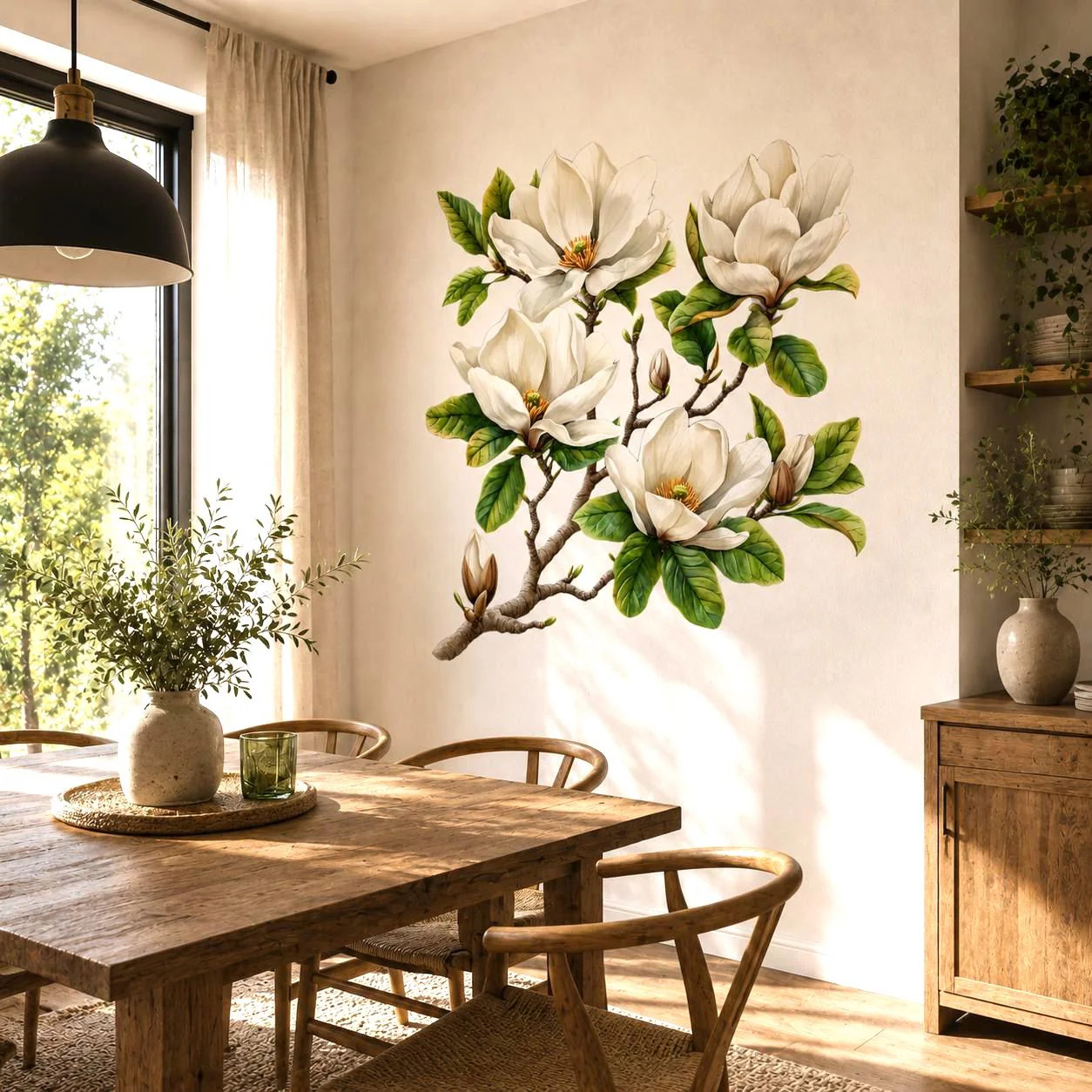 White Magnolia Branch Wall Vinyl Decal | Watercolor Floral Sticker