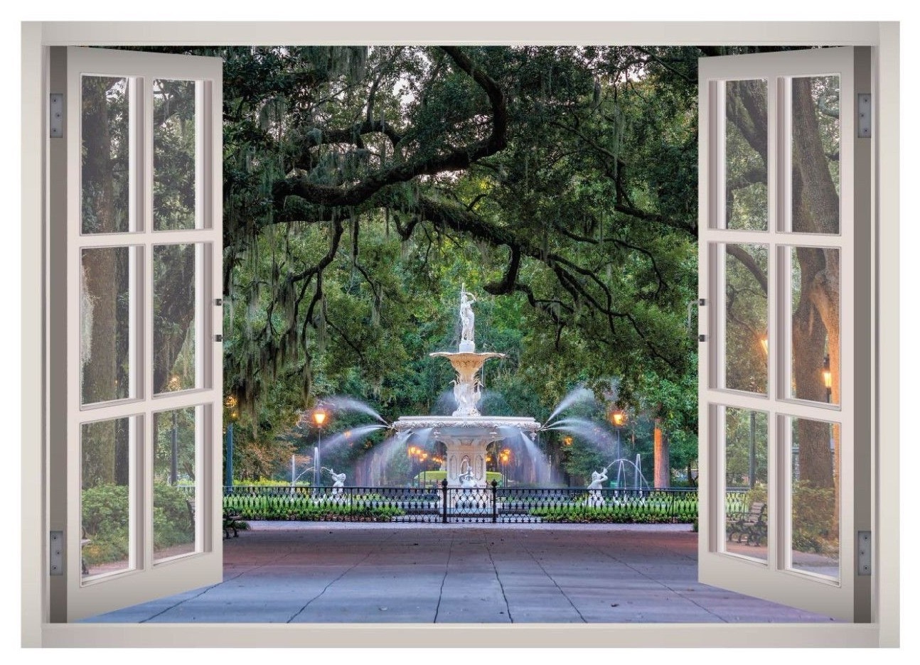 Fountain Park View Window 3D Wall Decal Art Mural Decor Canvas Vinyl W153