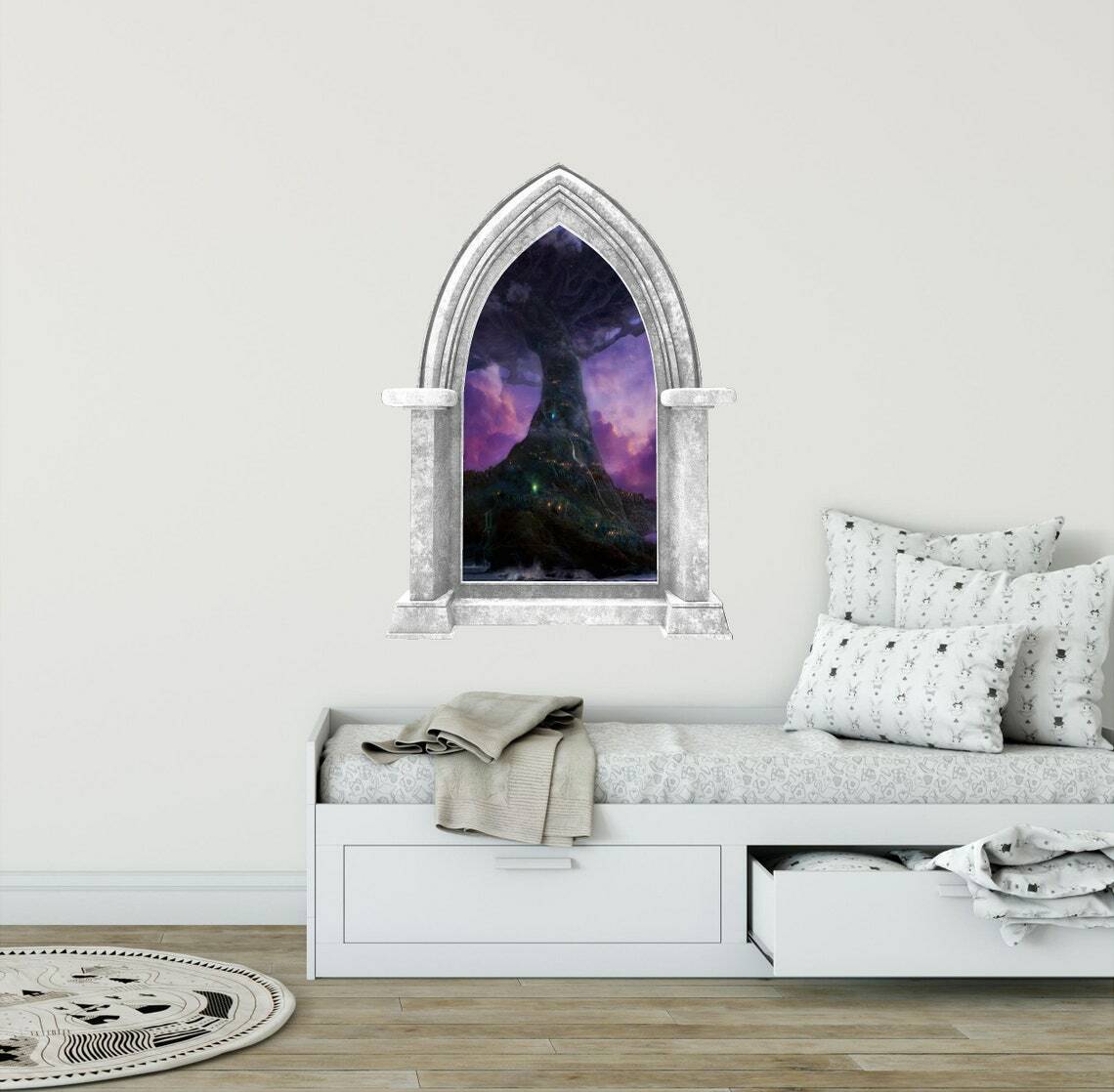 CastleScape Elf Tree Village 2 Wall Decal Stone Castle Window Vinyl Wall Sticker