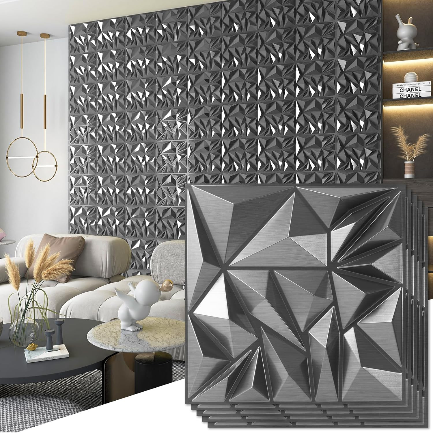 33-Pack 3D Diamond Wall Panels – Silver for Gaming & Living Room Decor