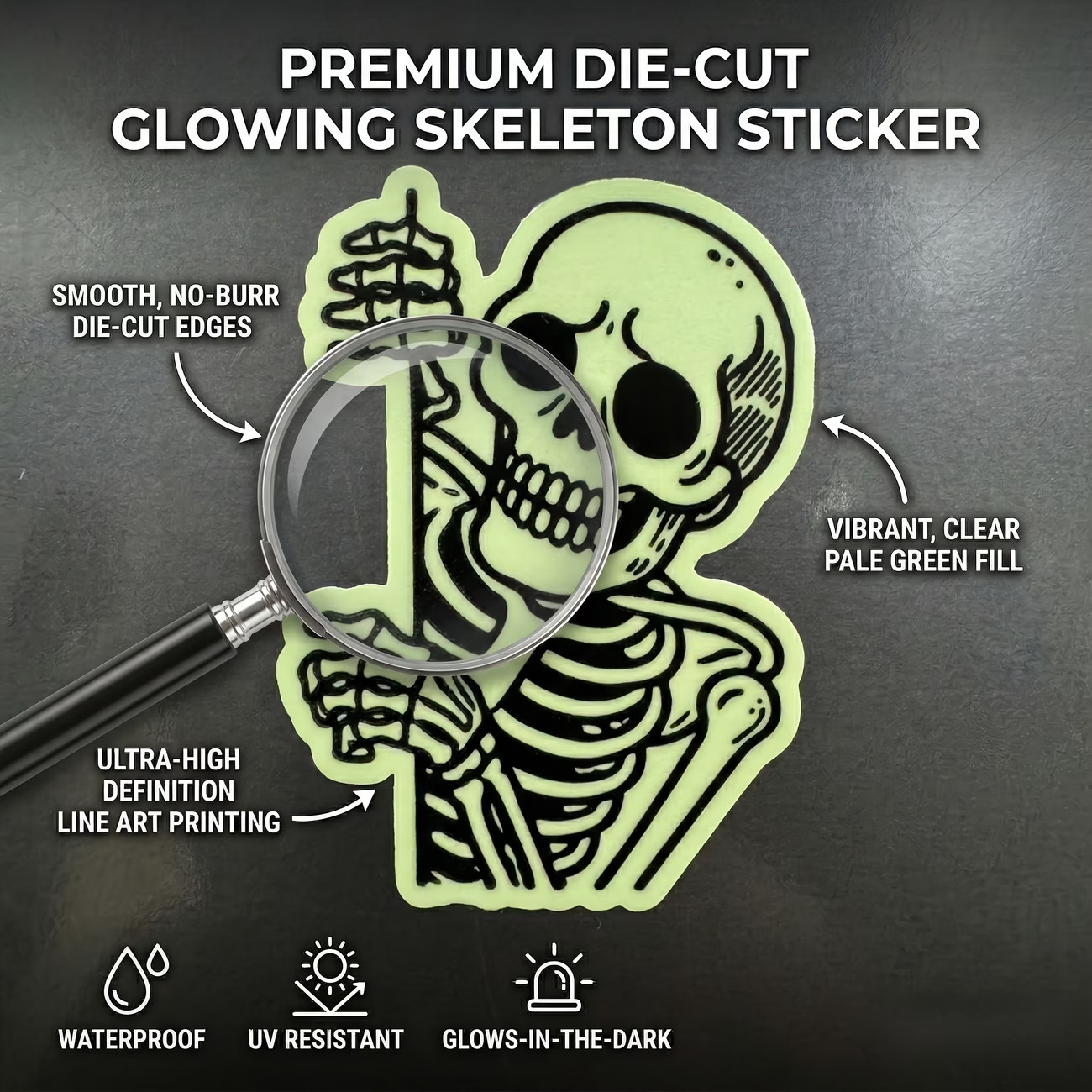 3" Funny Peeking Skull Glow in the Dark Sticker, Premium High Quality PVC Vinyl