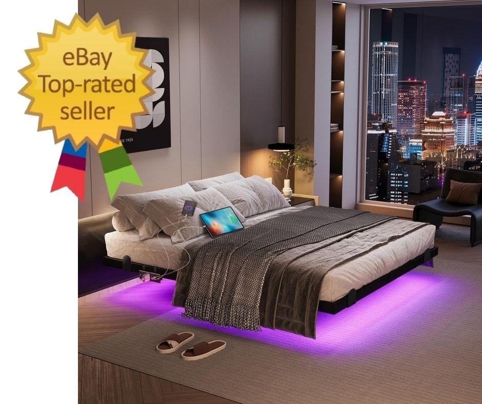 Floating Bed Frame Queen 14 Inch with LED Lights Charging Station Easy Assembly