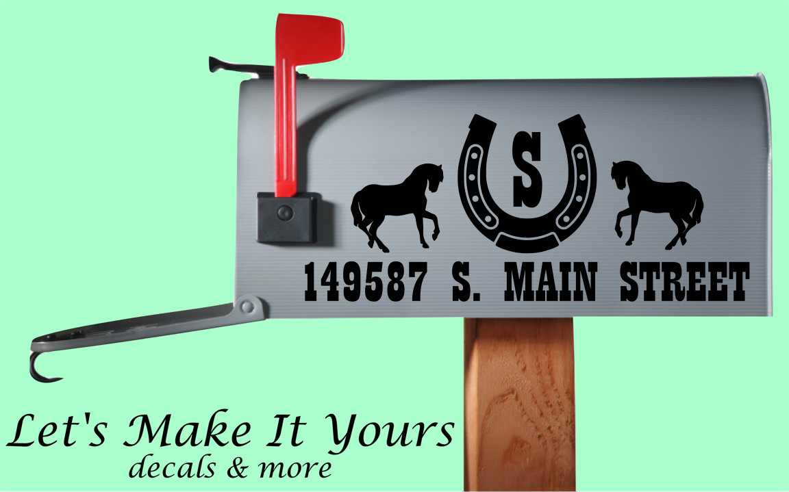 HORSESHOE W/ NAME INITIAL CUSTOM MAILBOX DECAL NUMBERS ADDRESS BOTH SIDES HORSES