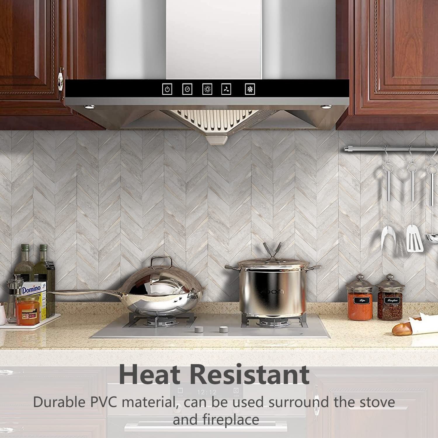 10-Sheet Herringbone Tile Peel and Stick Backsplash, Beige Mixed Metal Gold P…