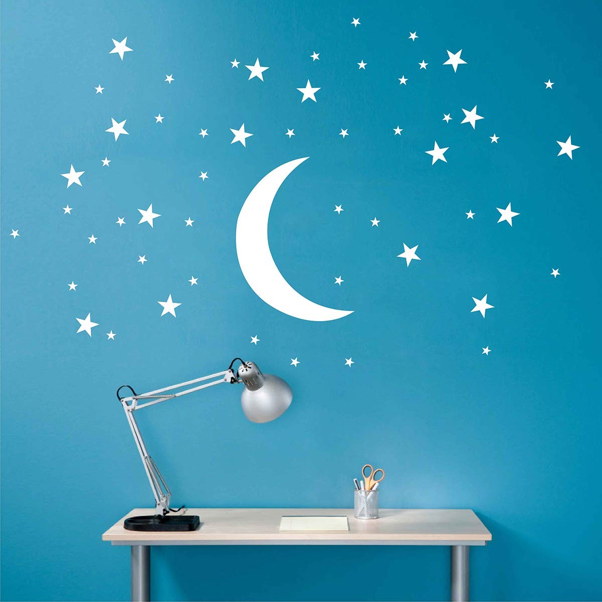 50 Stars and Large Moon Wall Stickers for Room Creative White Stars Baby Wall…