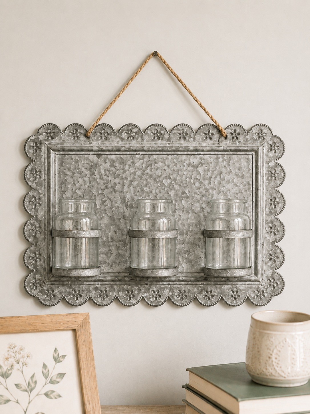 Rustic Galvanized Metal Wall Vase Hanging Farmhouse Floral Decor w/ 3 Glass Jars