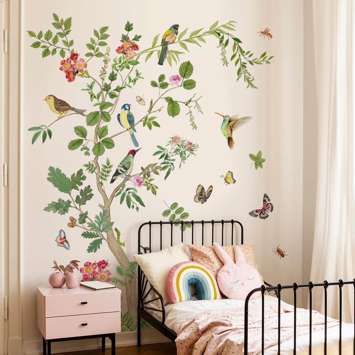 Large Green Tree Wall Decals Floral Tree Branch with Birds Peel and Stick Rem…
