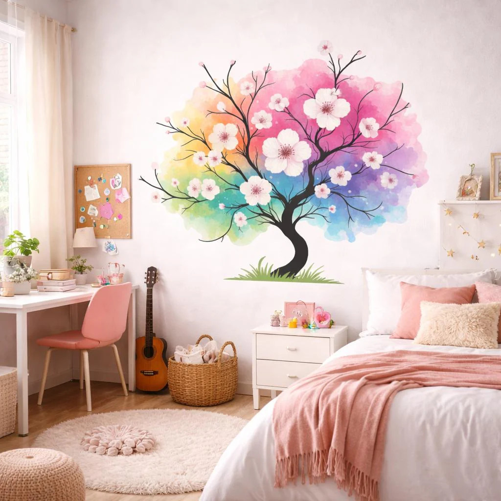 Watercolor Rainbow Tree Decal | Colorful Blossom Wall Art