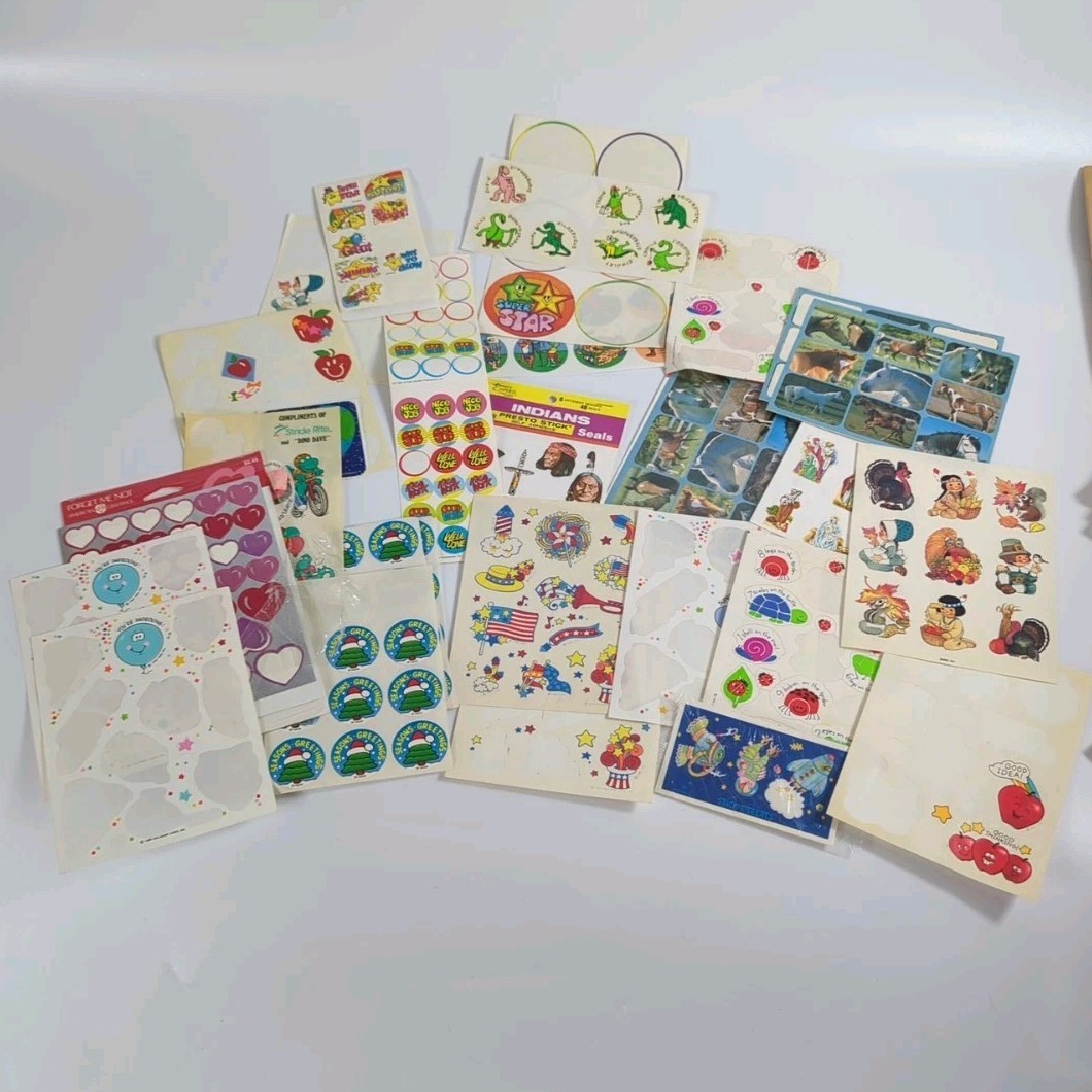 Mixed Lot Vintage 90s Sticker Sheets Animals Hearts Holiday Dinosaur