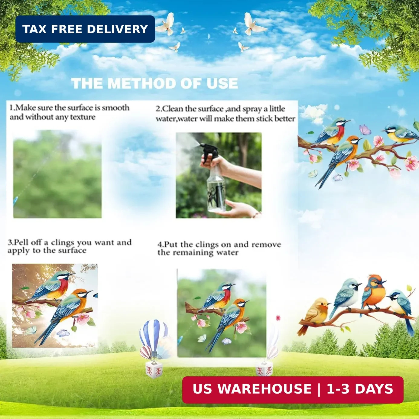 Spring Window Cling Sticker – 78PCS Tulip Butterfly Flower Hummingbirds Window D