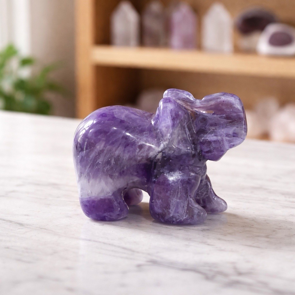 Hand-Carved Amethyst Elephant Figurine – Natural Purple Stone