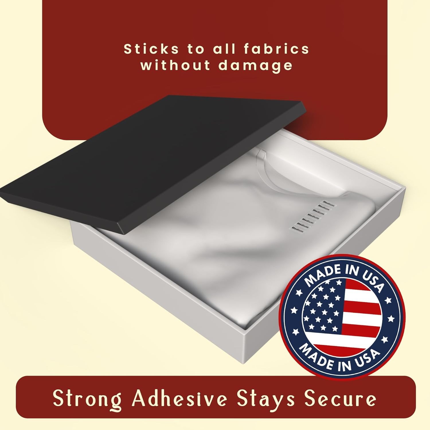 Medium Clothing Labels – Clear Size Strip Stickers with Black Text, 1.25 X 5 Inc