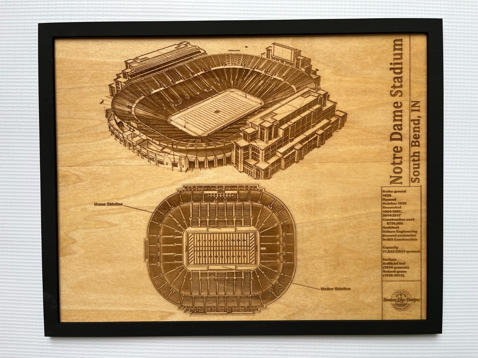 Notre Dame Stadium South Bend, IN Wood Engraved Blueprint