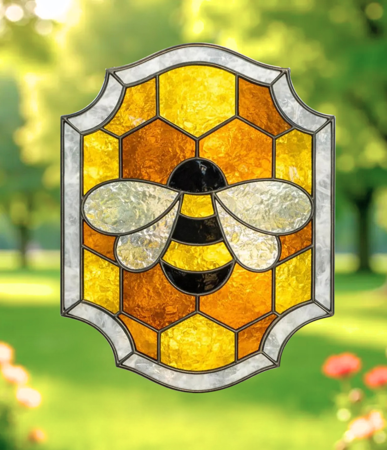 Bee Honeycomb Faux Stained-Glass WINDOW CLING Size 10.2" Vinyl