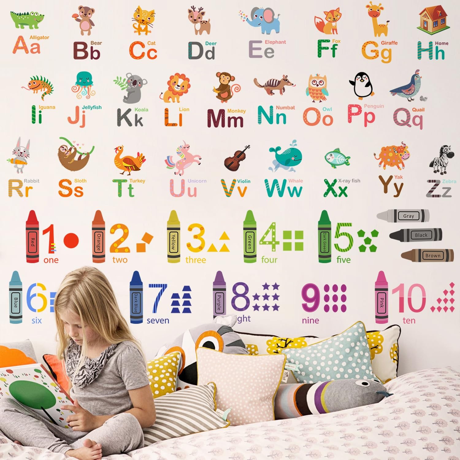 Animals Alphabet Numbers Wall Decals for Kids Room Colouring Pencils Wall Sti…