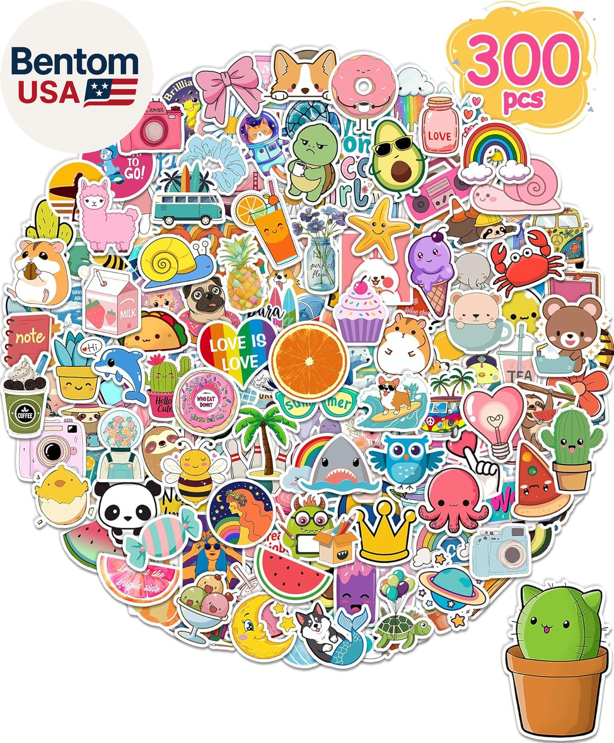 Stickers for Water Bottles, 300 Pcs/Pack Random Cute Vinyl Waterproof Laptop Sti