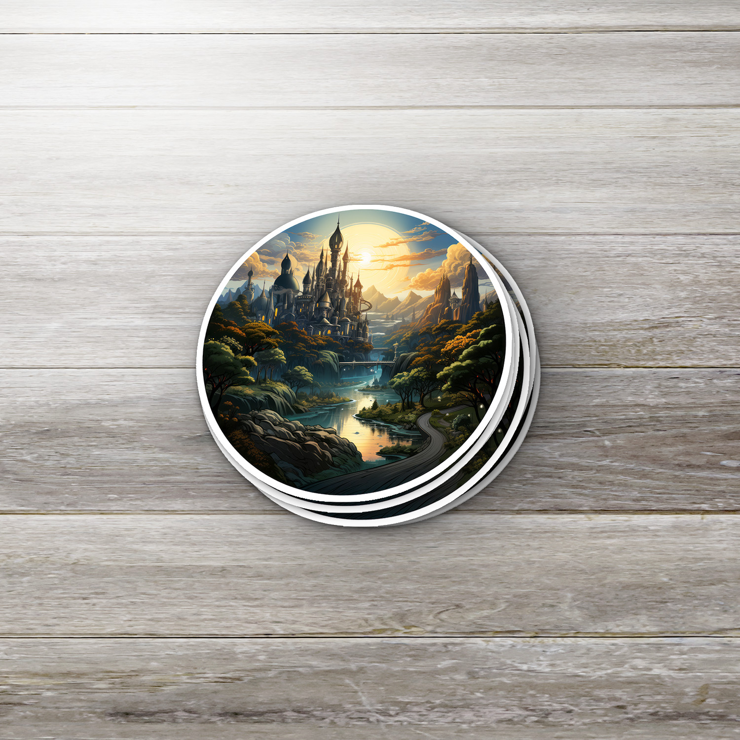 Steampunk Fantasy Landscape Sticker – Transport Yourself to a World of Adventure