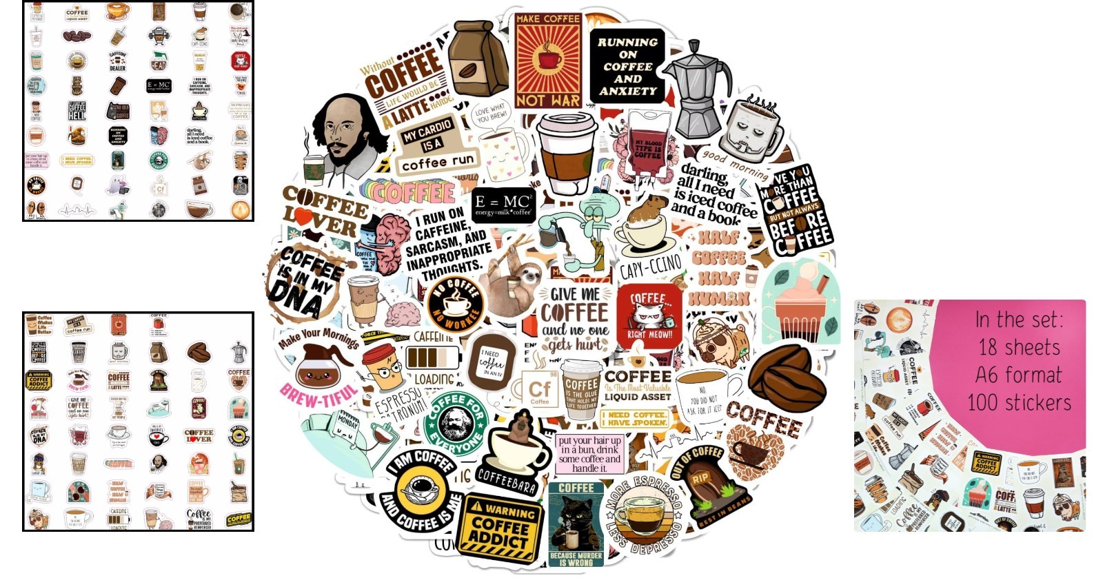 Universal 100Pcs Vinyl Coffee Stickers – Fun Decals for Planners, Laptops & More