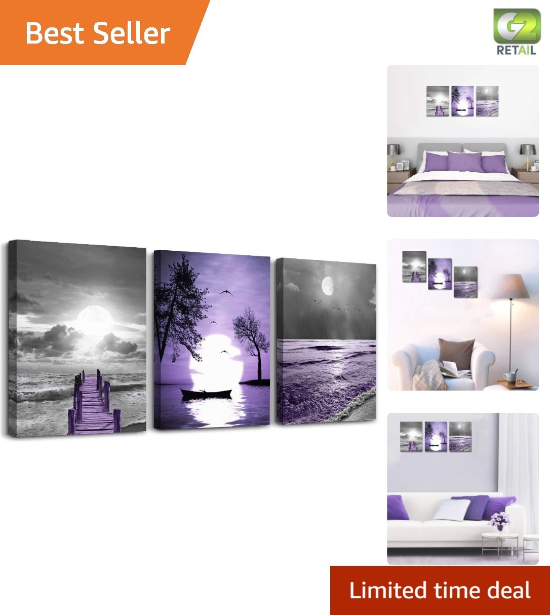 Elegant 3-Piece Framed Canvas Art Set – Modern Landscape in Purple Hues