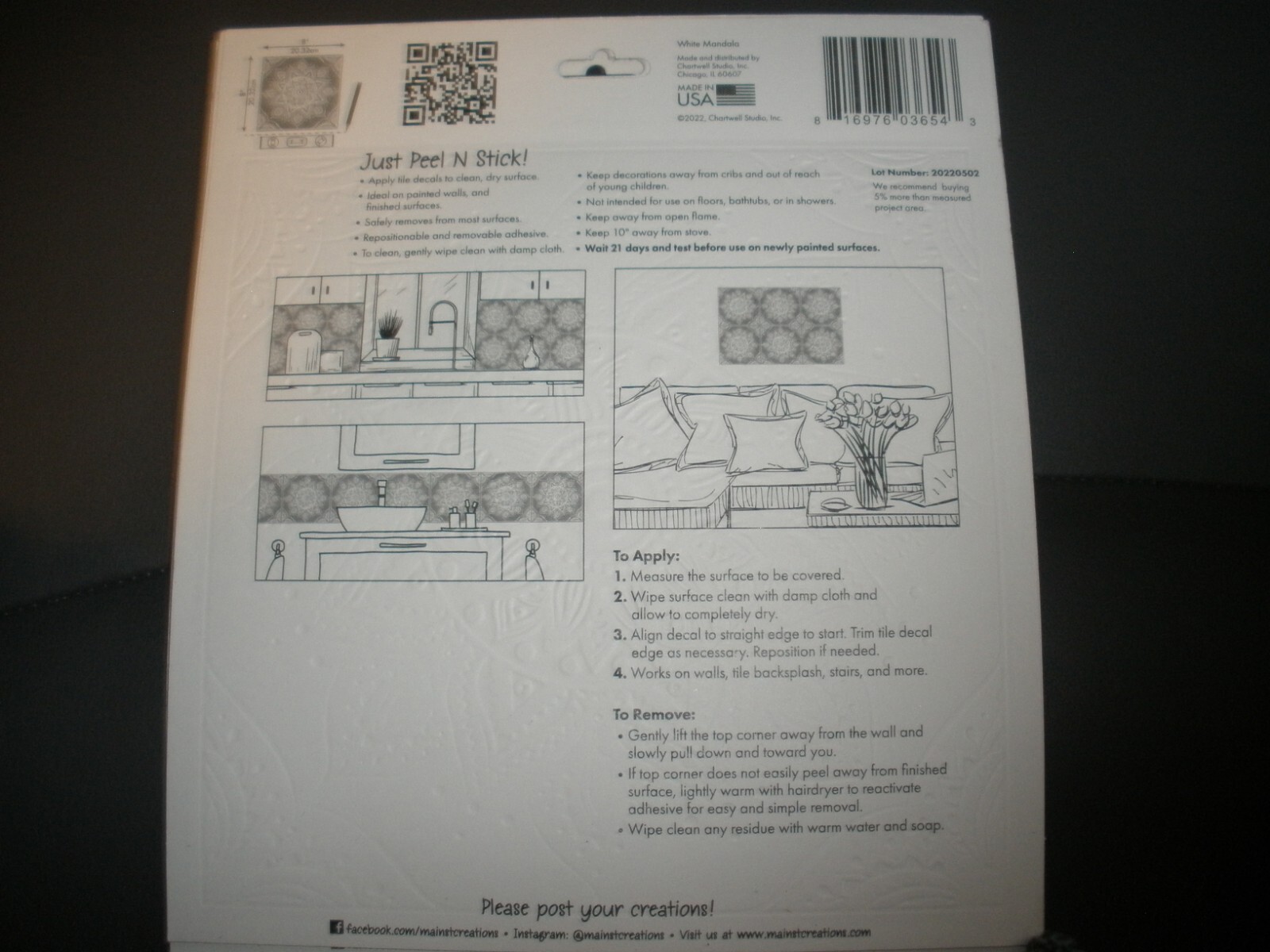 Main Street Wall Creations Peel Stick Removable 8"x8" Wall Tile Decal Lot of 8