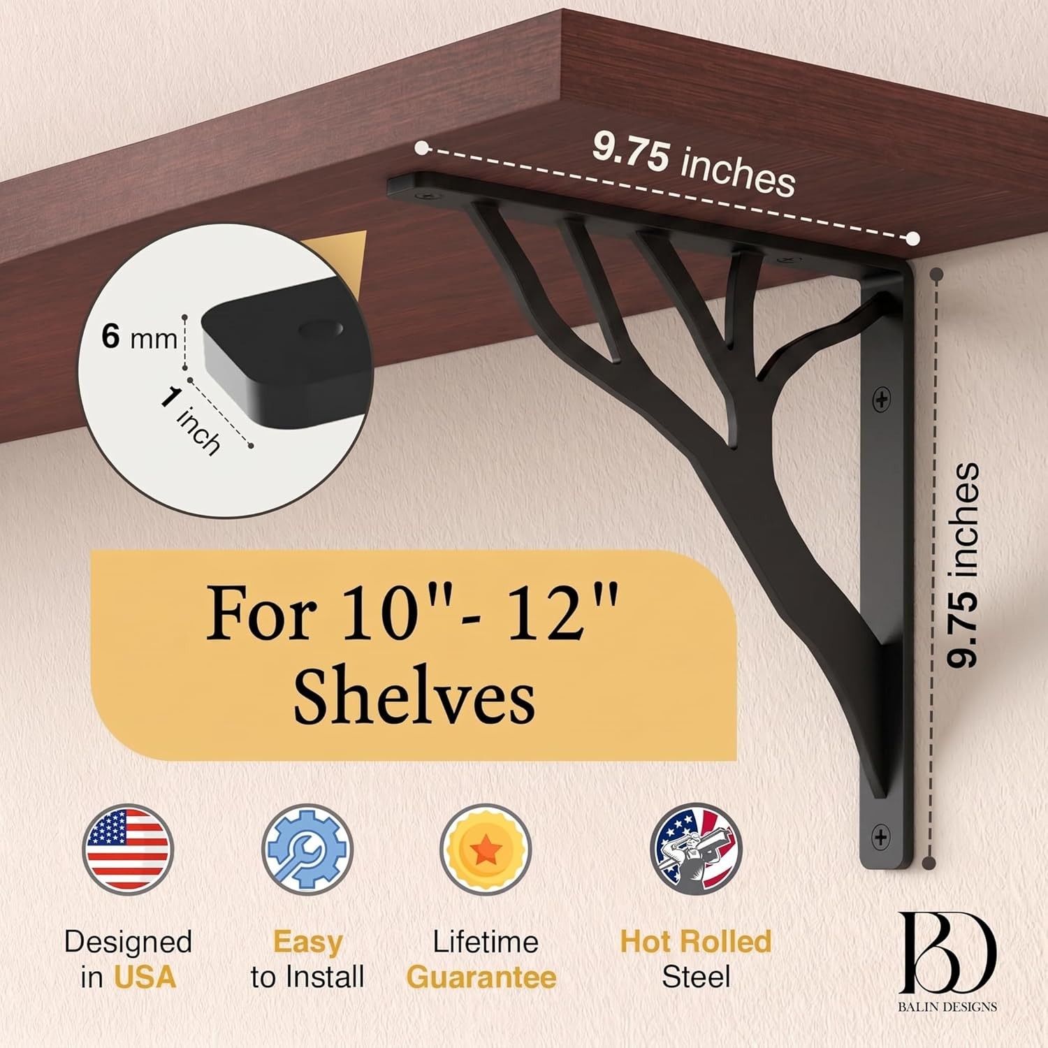 Rustic Tree Shelf L Brackets by Black for 10 inch – 12 Inch Shelves – Heavy-D…