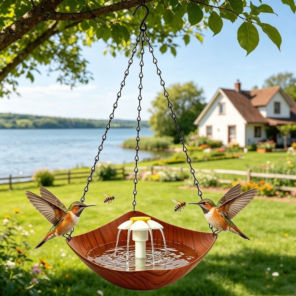 Garden Bird Bath with Solar Fountain and Feeding Area Designed for Hanging Use