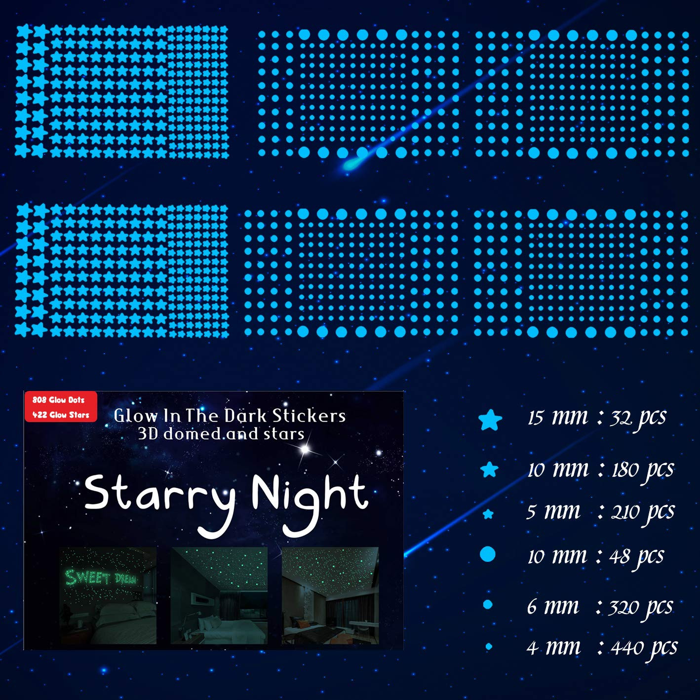 1230 PCS Ultra Glow in the Dark Stars Wall Stickers, 3D Adhesive Dots Decor Star