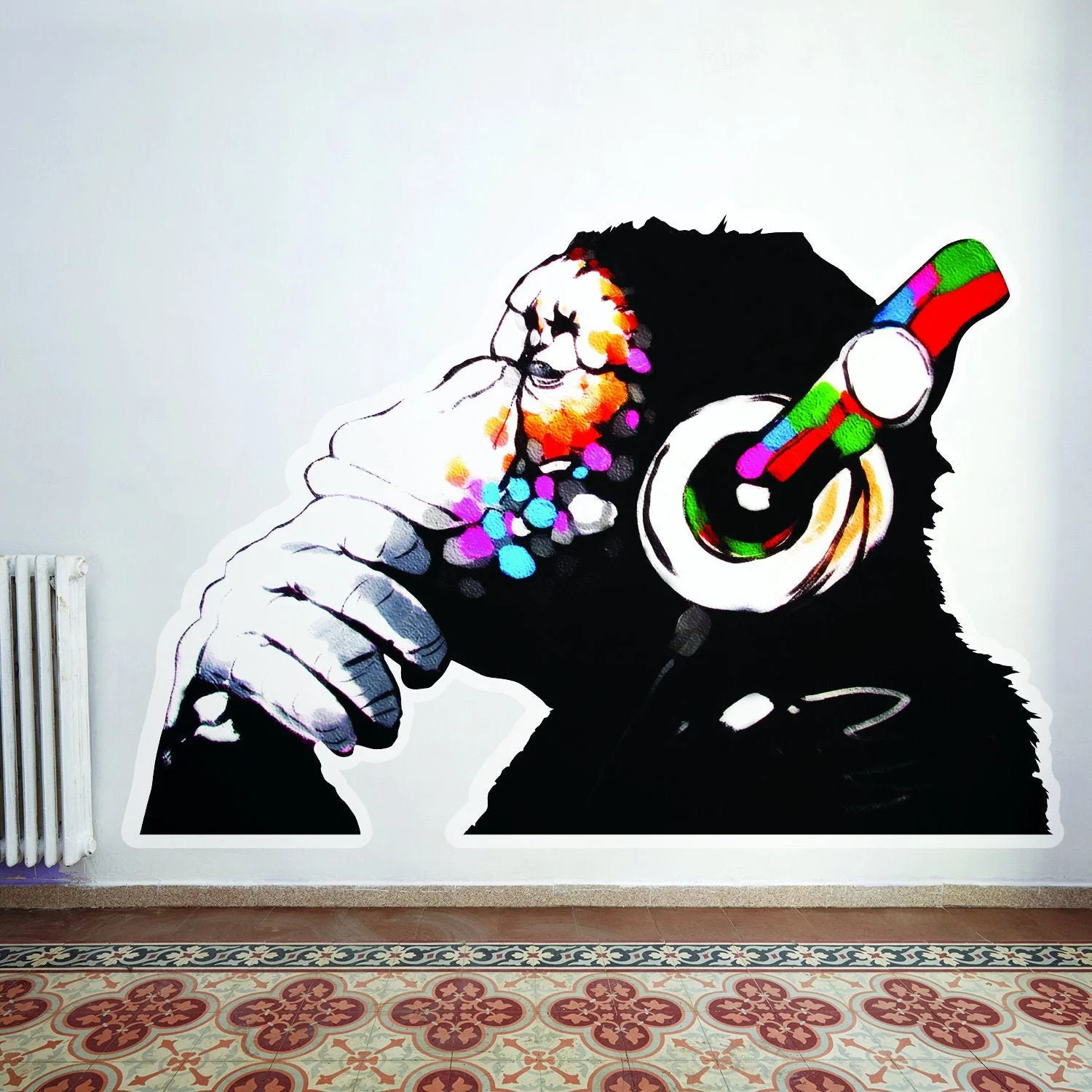 Artist Monkey With Headphones Wall Sticker – Large Bansky Thinking Dj Chimp