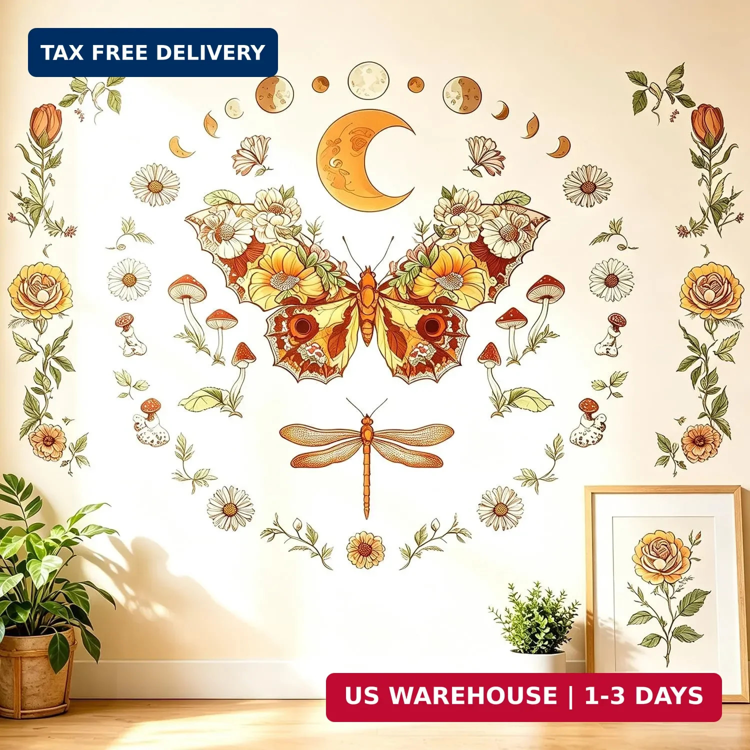 Boho Flowers Butterfly Wall Decals Peel and Stick, Sun and Moon Vinyl Wall Decor