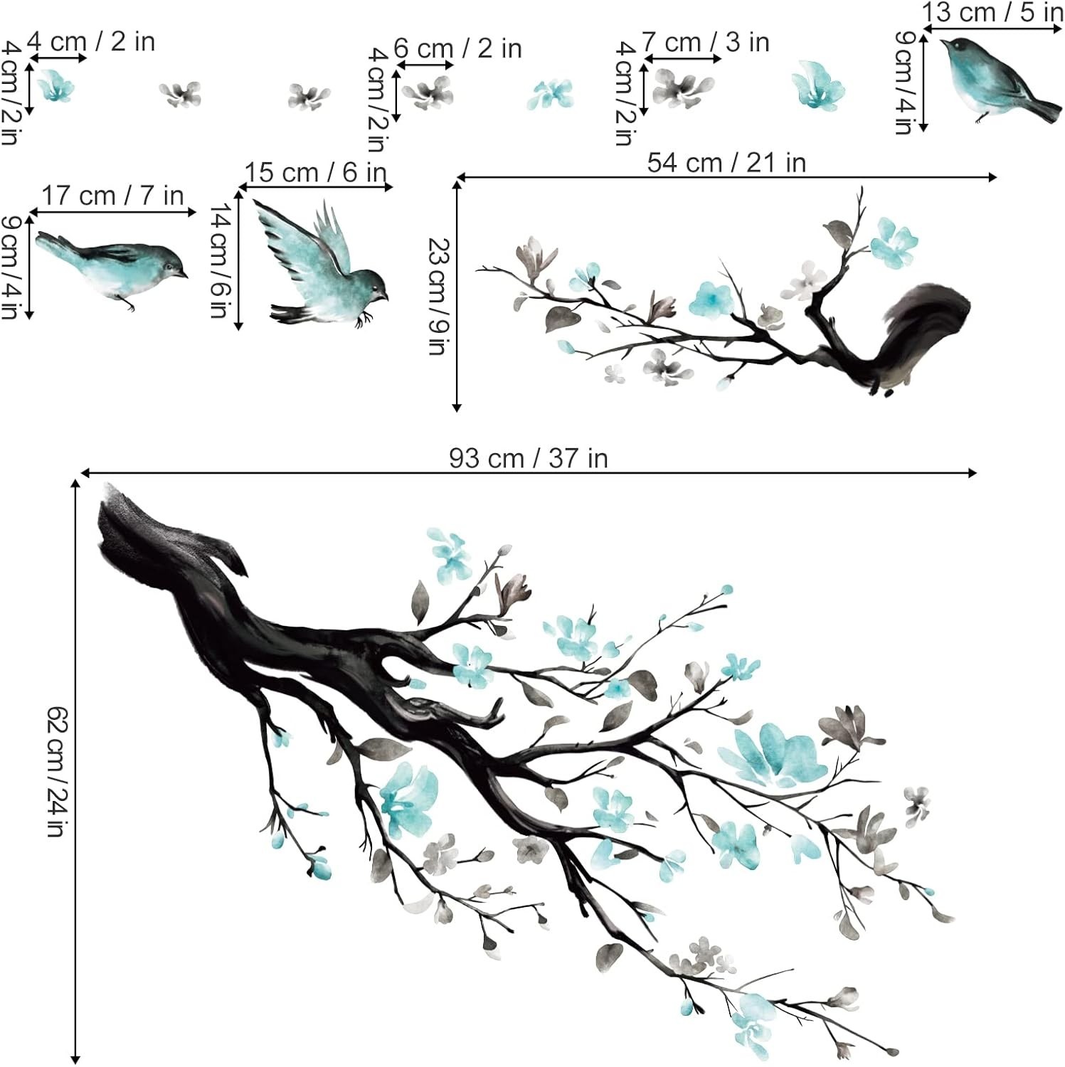 Watercolor Blue Flower Wall Decals Blossom Bird Tree Branch Wall Stickers