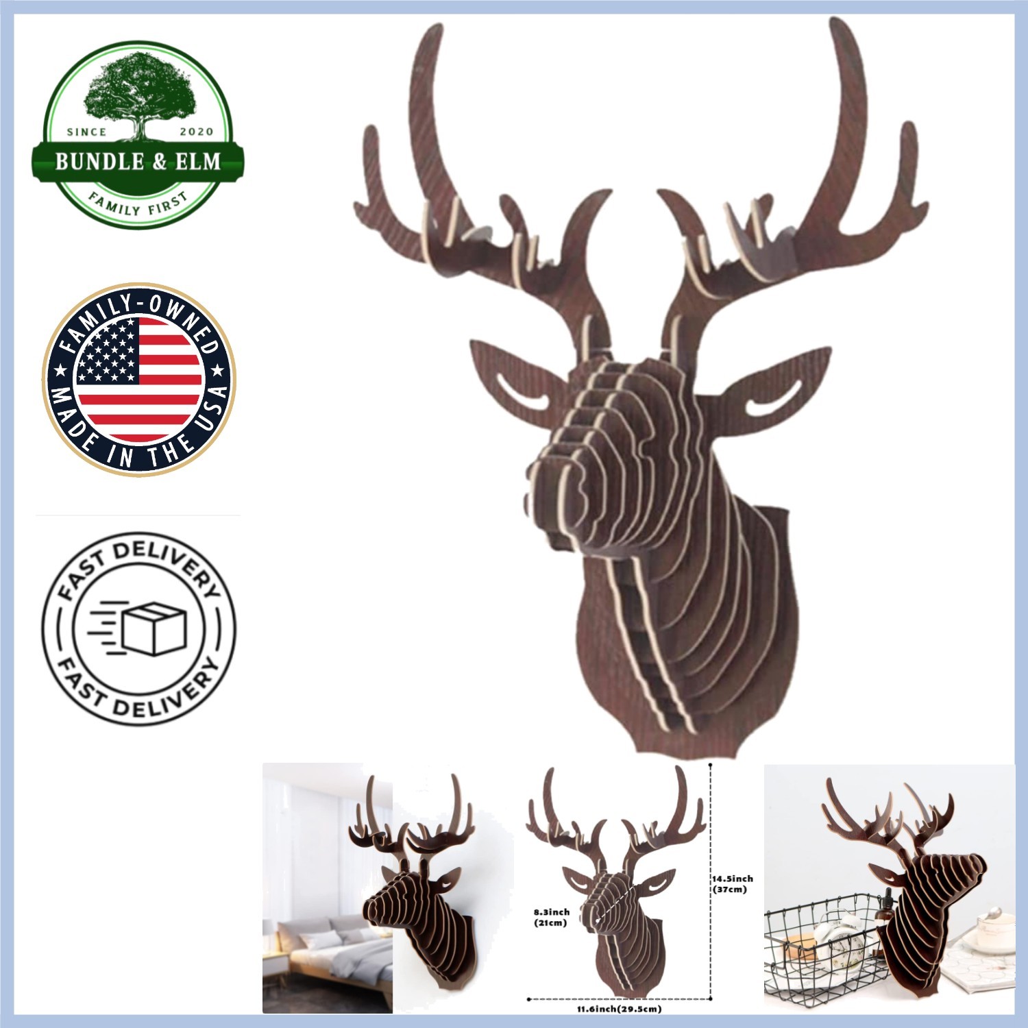Portrait Hanging Deer Head Wall Art – Rustic Wooden Puzzle for Home Decor
