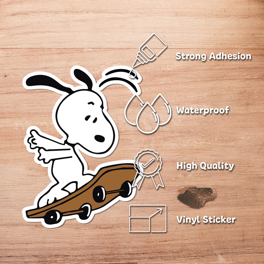 Peanuts Snoopy playing with a skateboard, cute and fun sticker 4"W x 4.5"H
