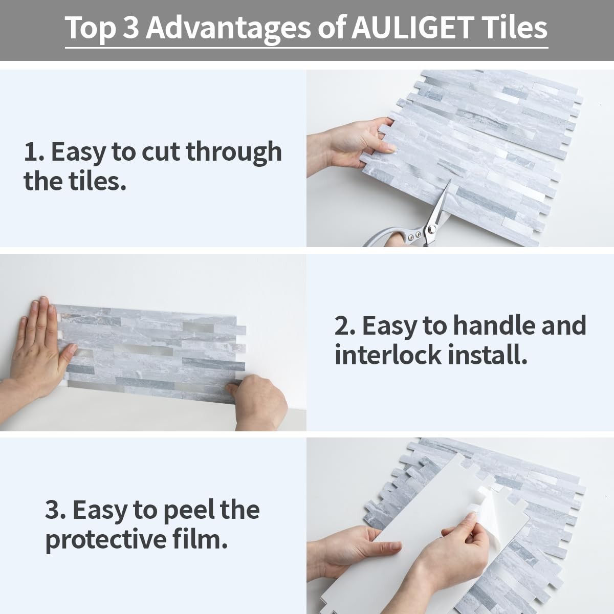 AULIGET 20 Sheets Faux Stone Peel and Stick Backsplash, Light Grey Marble Loo…