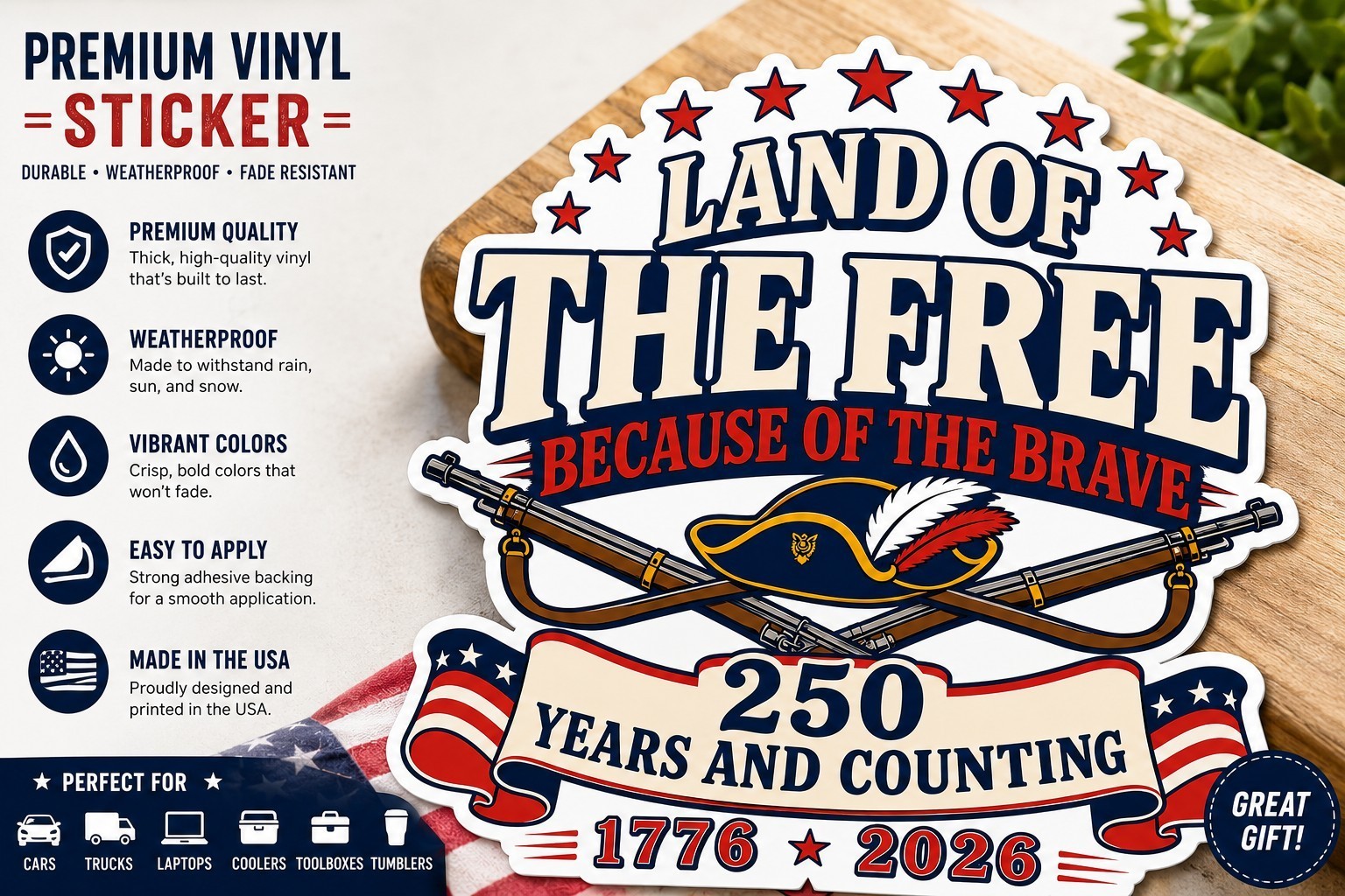 America 250 Sticker Land Of The Free 1776 2026 Patriotic Vinyl Decal USA Truck