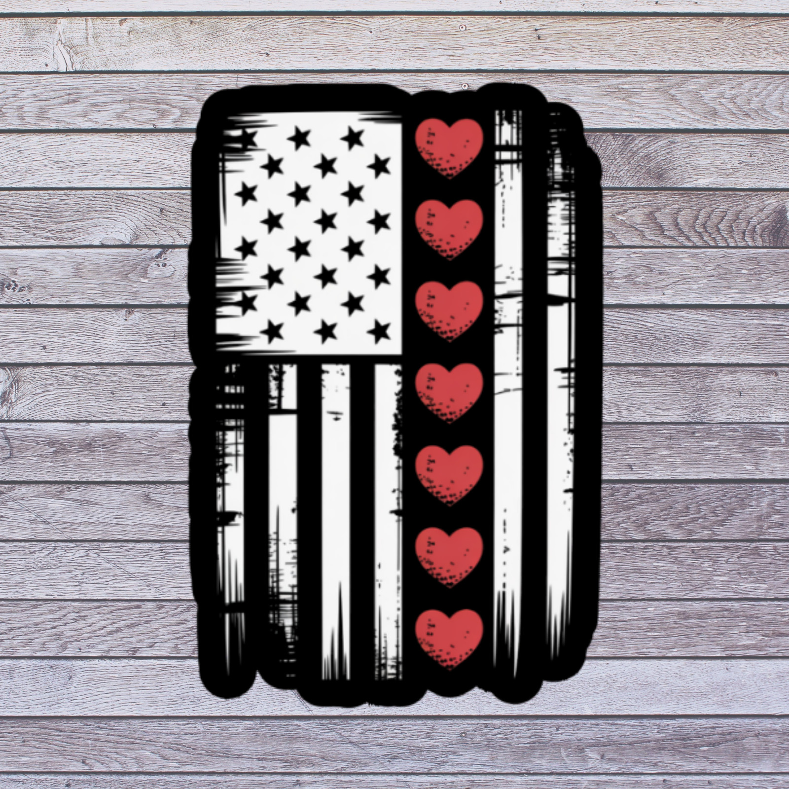 America Sticker Vinyl Decal Black White Flag Red Hearts Patriotic Love USA