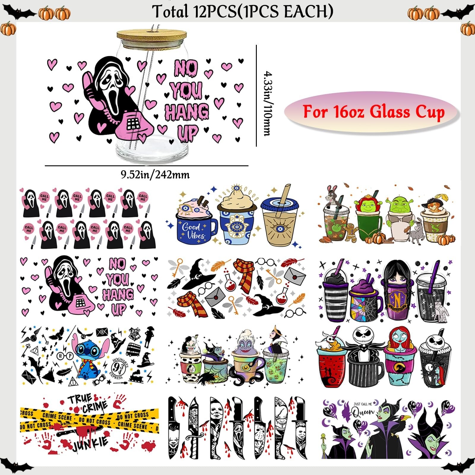 UV DTF Cup Wrap, Transfer Stickers for 16oz Glass Cups，UV DTF Cup Wrap Tr