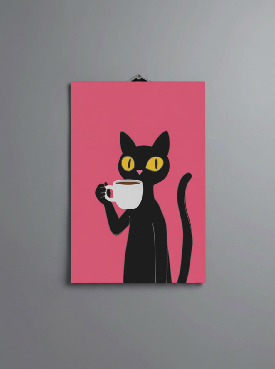 Cat Drinking Coffee Pop Art Poster Home Decor Wall Art Photo Print 8.5x11in