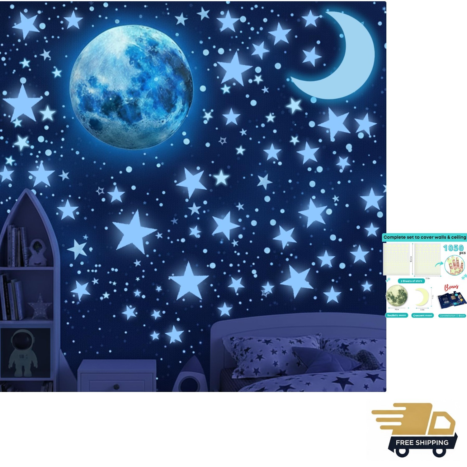 Glow in The Dark Stars Ceiling Pack 1050 pcs Kids Room Decor Blue Space